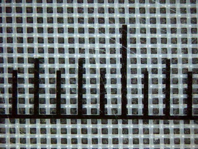 Polyester mesh 43T-80 under the microscope with scale