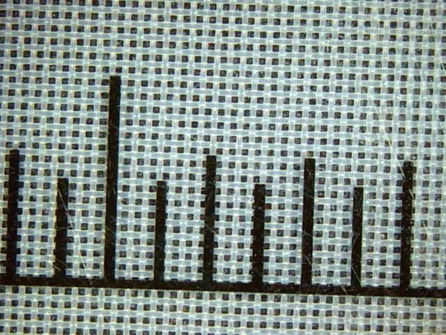 Polyester mesh 77T-55 under the microscope with scale